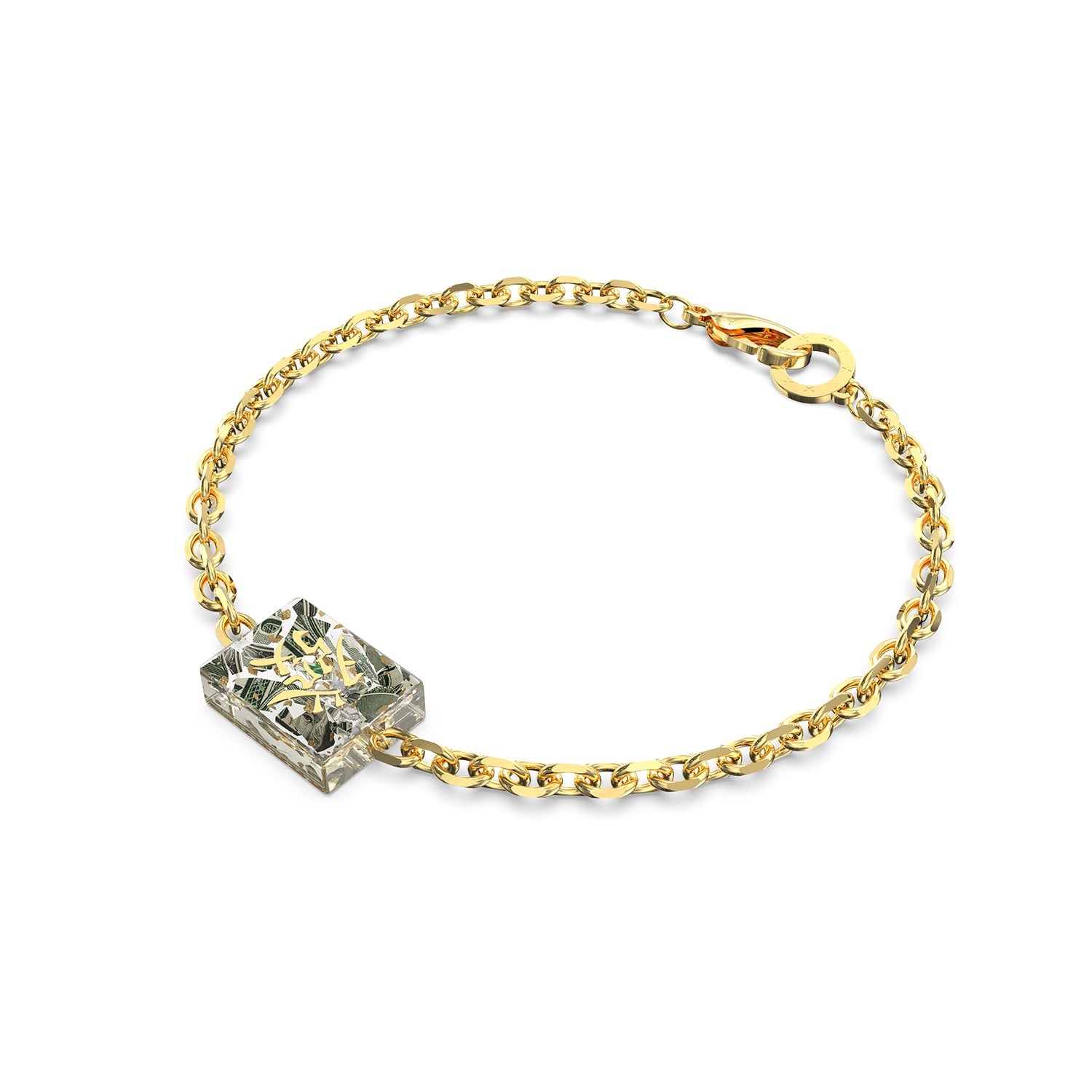 RAWNESS Shattered Dollar “Fa Cai” Mahjong Bracelet | Prosperity Resin Block · Dollar Shreds & Gold Leaf RAWNESS