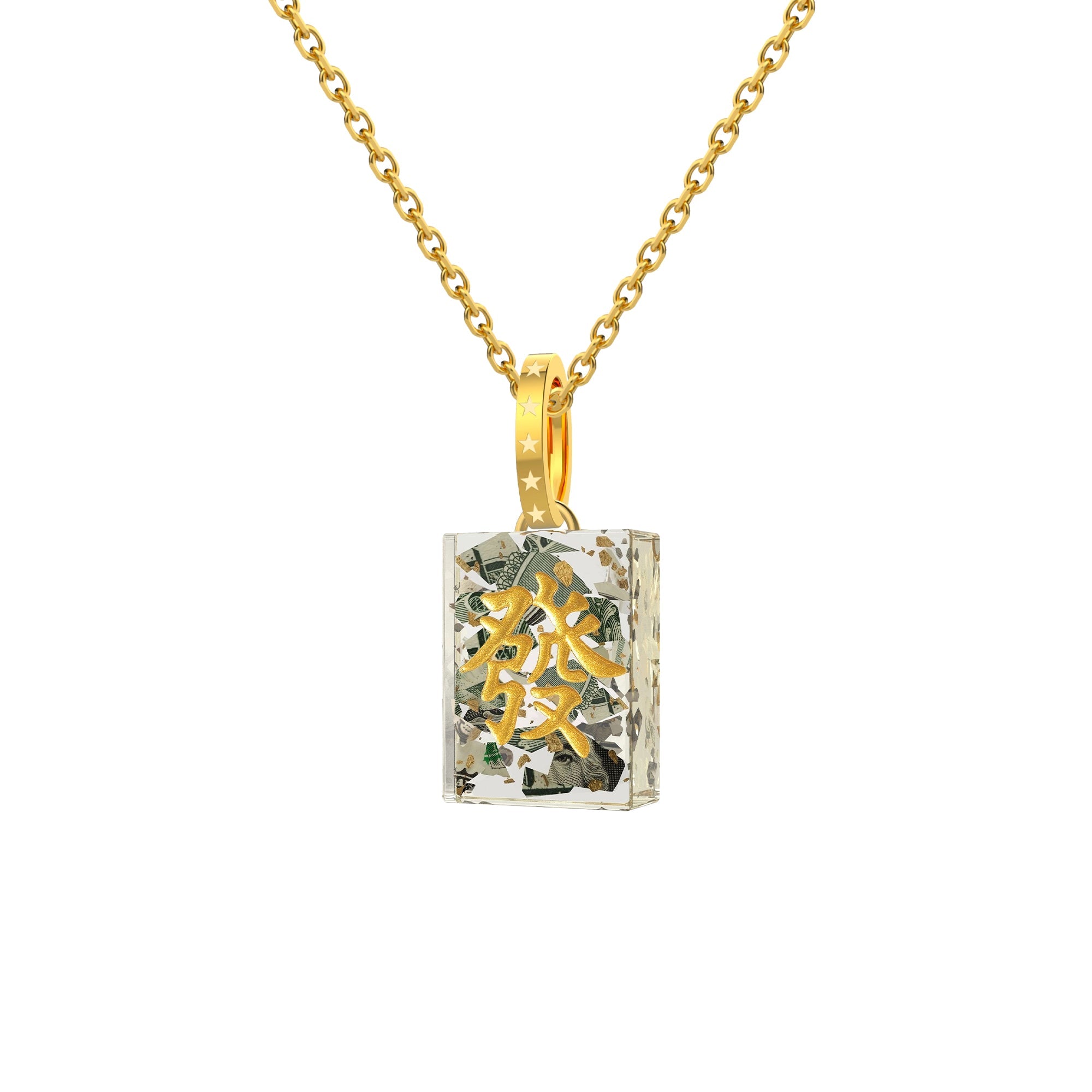 RAWNESS Shattered Dollar “Fa Cai” Mahjong Necklace | Real Dollar Shreds · 24K Gold Leaf · Resin Pendant RAWNESS
