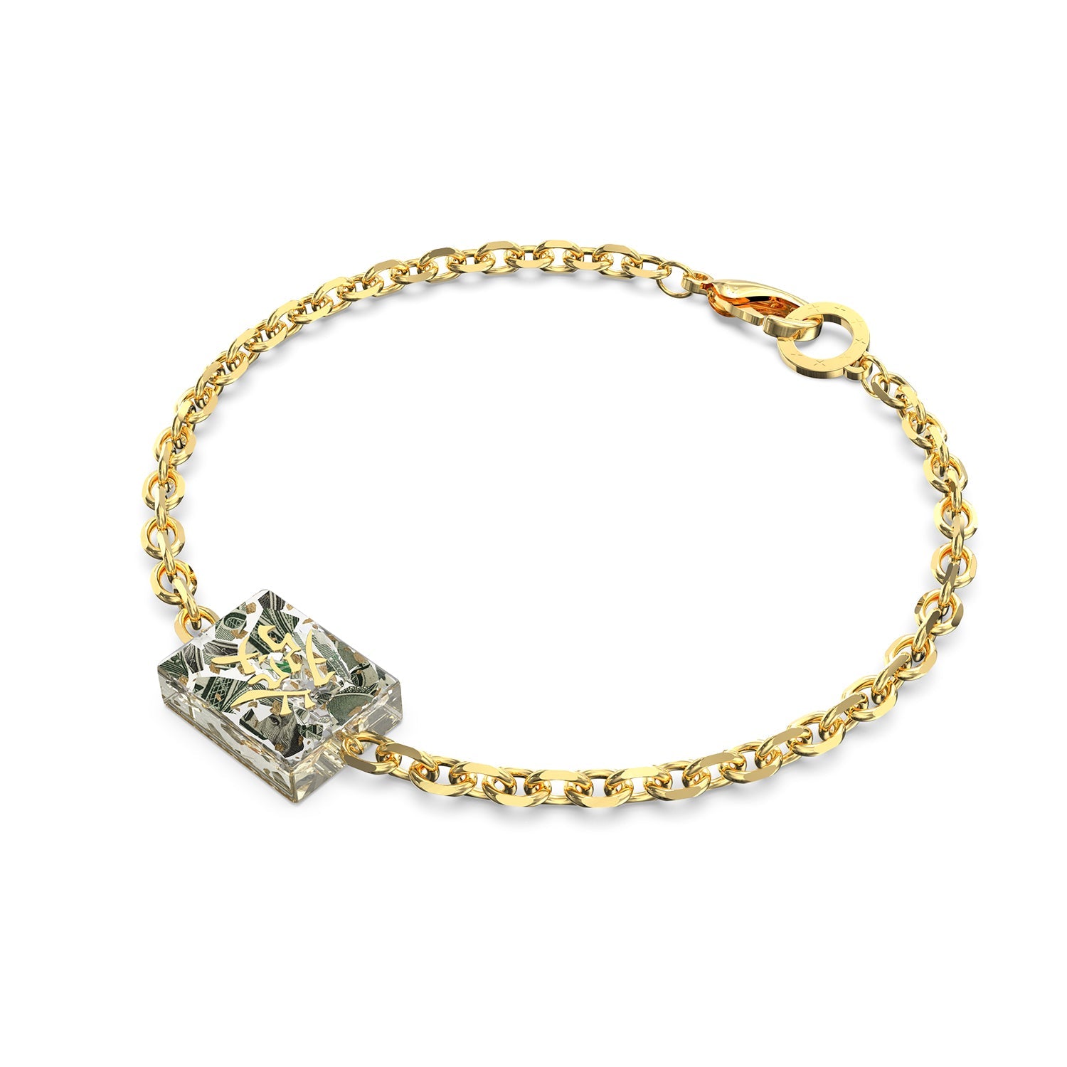 RAWNESS Shattered Dollar “Fa Cai” Mahjong Bracelet | Prosperity Resin Block · Dollar Shreds & Gold Leaf RAWNESS