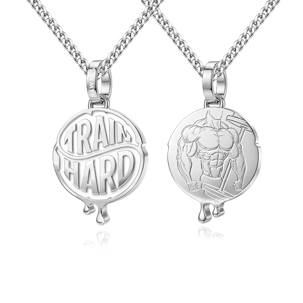 Train Hard Sweat Coin Necklace – Titanium Steel Gym Pendant RAWNESS® | Where Fitness Meets Fashion