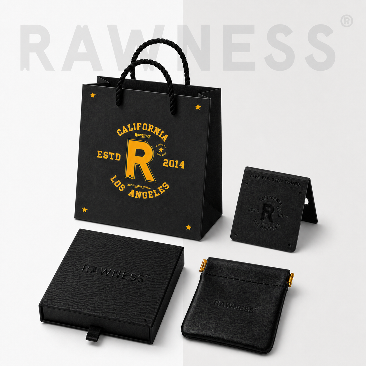 RAWNESS jewelry packaging set with branded bag, display card, box, and pouch